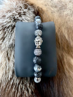 Men's Wristband with Buddha, Agate, Onyx, Lava, Stainless Steel and Grey CZ Diamond