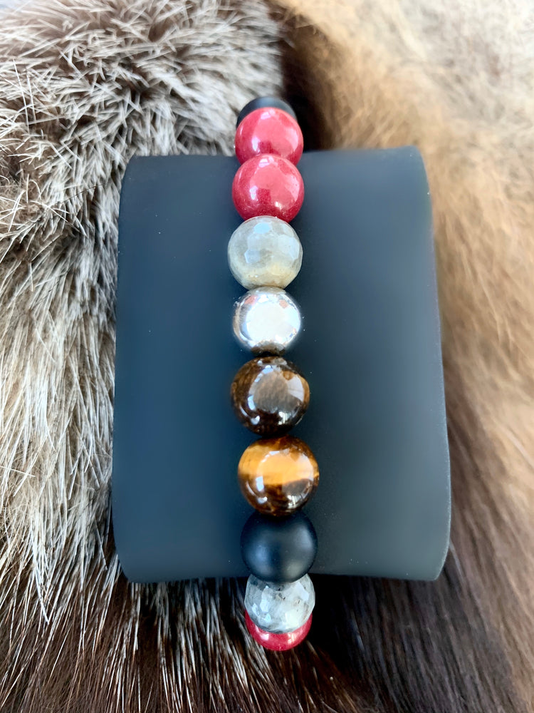 Men's Wristband with Agate, Matte Onyx, Tiger Eye and Stainless Steel