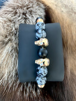 Men's Wristband with Matte Onyx, Agate and 14 Carat Gold Filled Skulls with CZ Diamonds