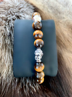 Men's Wristband with Brown Tiger Eye and Stainless Steel Beads and Buddha
