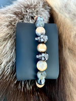 Men's Wristband with Agate, Hematite, 14 Carat Gold Filled Beads and Titanium Finish Skulls with CZ Diamonds
