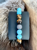 Men's Wristband with Agate, Tiger Eye, Stainless Steel and Grey CZ Diamond