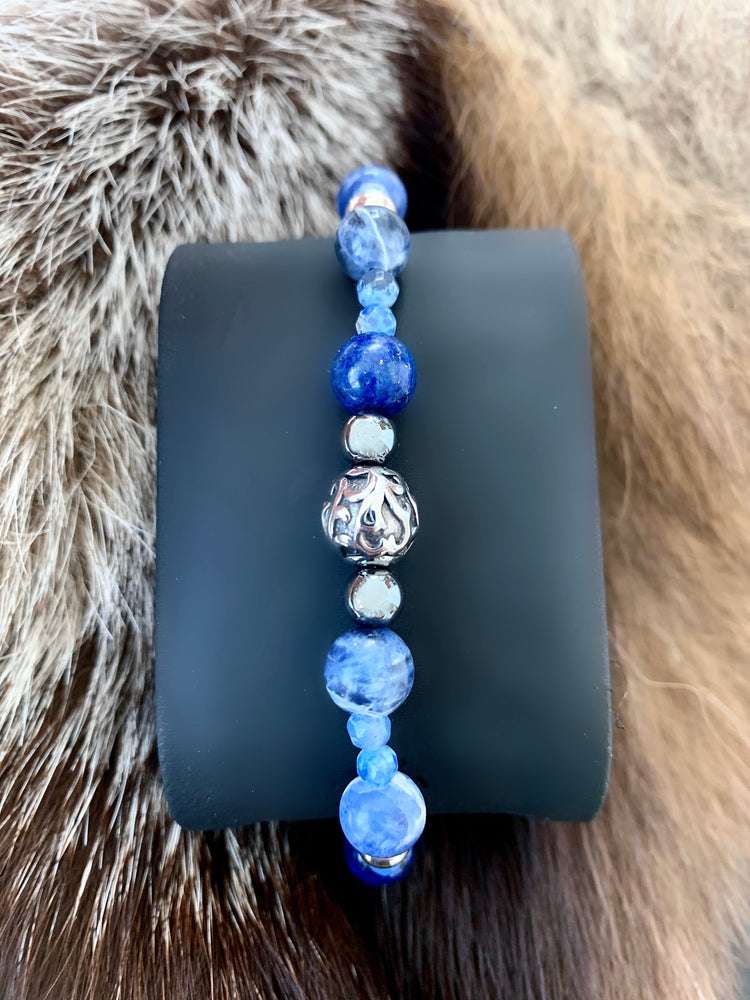 Men's Wristband with Lapis, Agate, Hematite and Filigree Stainless Steel Beads