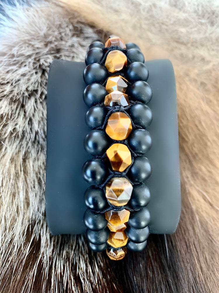 Men's Adjustable Wristband with Matte Onyx and Tiger Eye