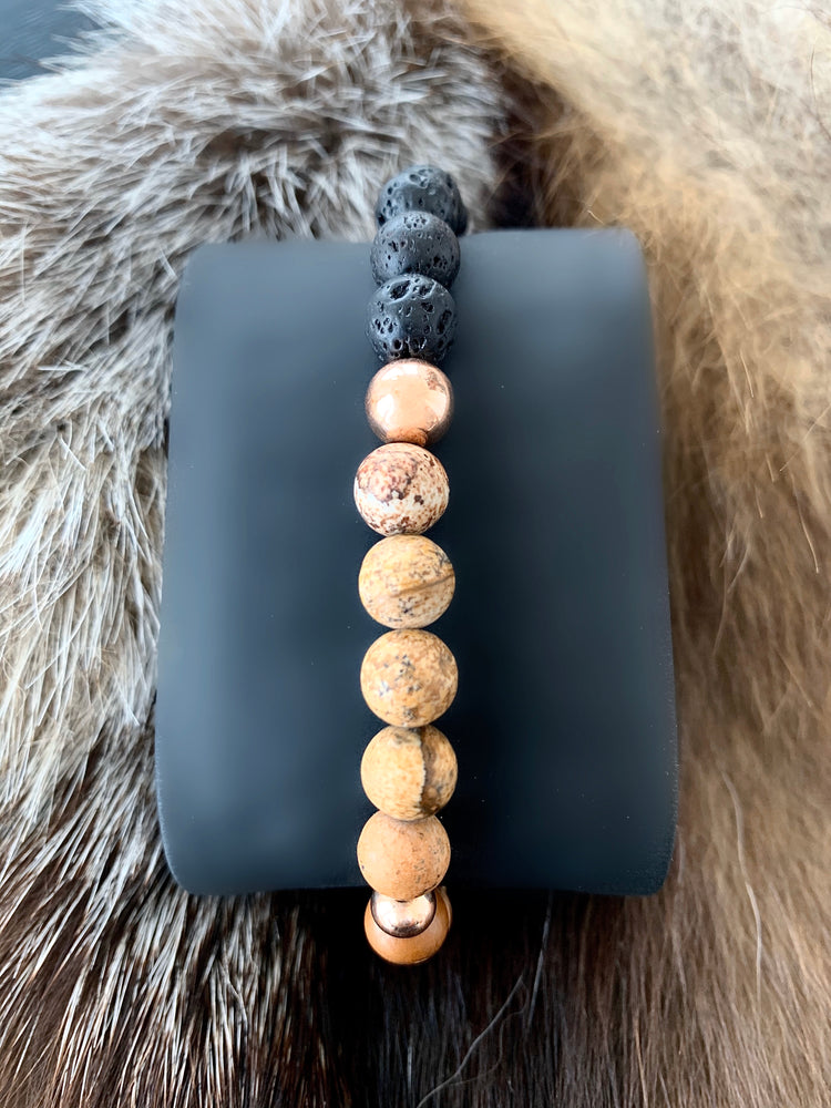 Men's Wristband with Picture Jasper, Lava and 14 Carat Rose Gold Filled Beads
